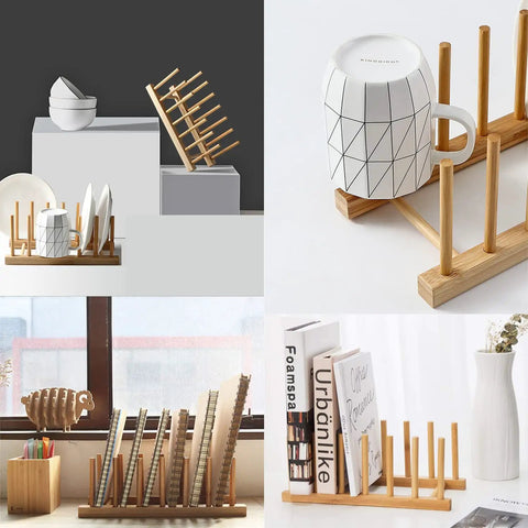 Slick Countertop Space Saver Bamboo Dish Rack And Vertical Plate Lid Organizer Holds Six Cutting Boards And Cups Books, displaying dishes and books.