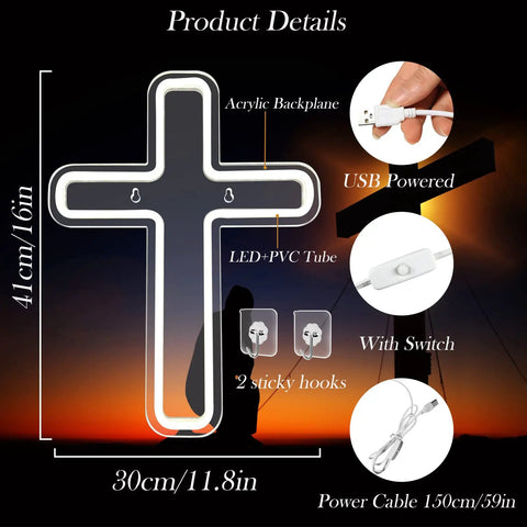 Cross Neon Sign Light Jesus Christ USB Powered Wall Mount Decor For Home Wedding Party Meditation Easter White 16x12 Inch Acrylic Back Panel Neon Glow With PVC Hose Perfect Gift And Holy Vibe Dope Centerpiece