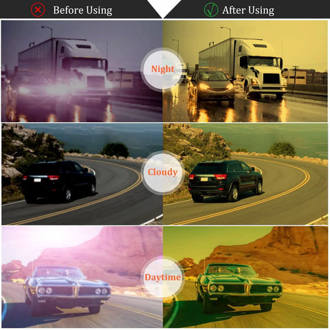 Top Shelf Anti Glare Night Vision Polarized Aviator Sunglasses comparison before and after usage in different driving conditions.