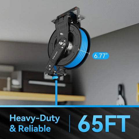 Built Tough 65 Feet 3 Eighths Inch Hybrid Air Hose Reel With Auto Rewind mounted on ceiling in garage