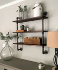 Wall-mounted DIY shelf with 1/2 Inch 5-Way Side Outlet Tee Black Malleable Iron Pipe Fitting 4 Pack used for industrial decoration