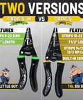 Two versions of needle nose wire strippers showing Croc's JR and Croc's with different AWG ranges and crimper features