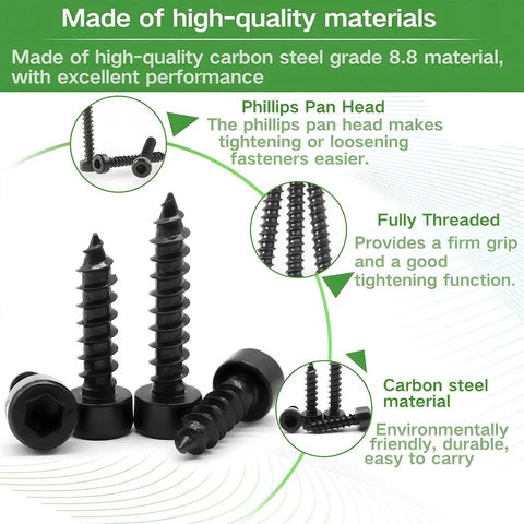 Top Shelf M2 Hex Socket Cap Screws Assortment Kit With 480 Pieces Black Self Tapping Allen Head Bolts showing carbon steel screws in various angles.