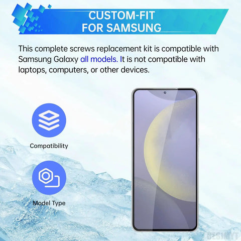 Top Shelf Samsung Galaxy Screw Replacement Kit For Every Smartphone Model Featuring Dead Simple Installation And Solid Fasteners To Keep Your Phone Locked Down Tight Without Damage, showing compatibility features.