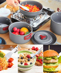 All Purpose Camping Cookware Mess Kit 7 Piece 9 Piece 18 Piece Non Stick Hard Anodized Aluminum Pots And Pans Gear