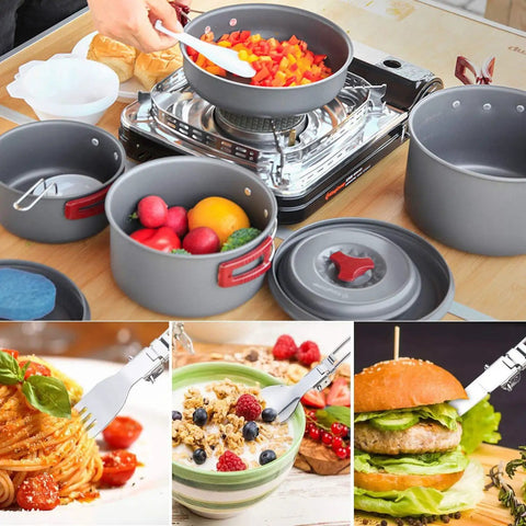 All Purpose Camping Cookware Mess Kit 7 Piece 9 Piece 18 Piece Non Stick Hard Anodized Aluminum Pots And Pans Gear