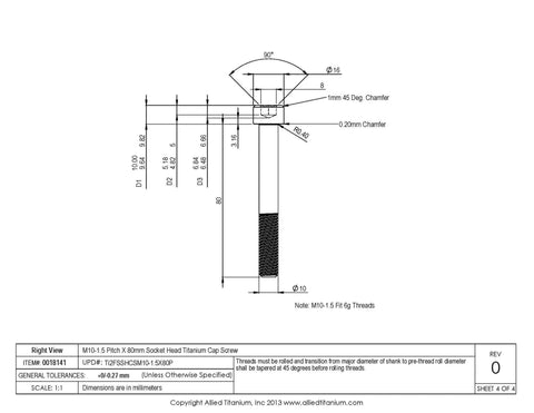 M10 Socket Head Cap Screws Pack Of Four Killer Grade 2 Titanium 80 Millimeter Long technical drawing showing dimensions and specifications.
