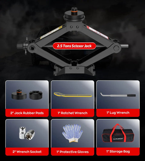 Heavy Duty 2.5 Ton Scissor Car Jack Kit With Tesla And Universal Pads Built Tough High Capacity Auto Lift Tool For Model Y 3 S X Real Deal Garage Essential Black Edition, showing jack and accessories.