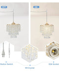 Straight Up Gold Plug In Pendant Light With 16 Foot Long Cord And Sparkling Three Tier Crystals showing on and off states.