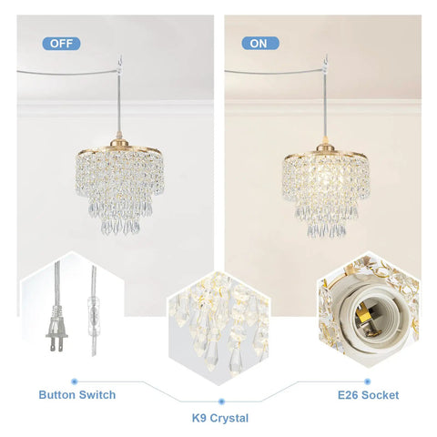 Straight Up Gold Plug In Pendant Light With 16 Foot Long Cord And Sparkling Three Tier Crystals showing on and off states.