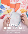 Hands using 5/8 Inch Circle Punch For Scrapbooking And Card Making, Delivers Precise Cuts Every Time with colorful origami pieces.