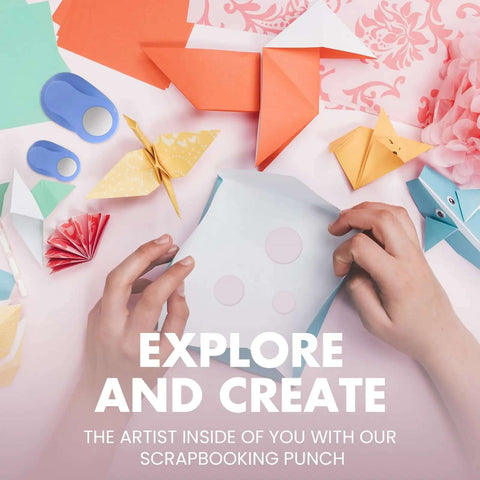 Hands using 5/8 Inch Circle Punch For Scrapbooking And Card Making, Delivers Precise Cuts Every Time with colorful origami pieces.