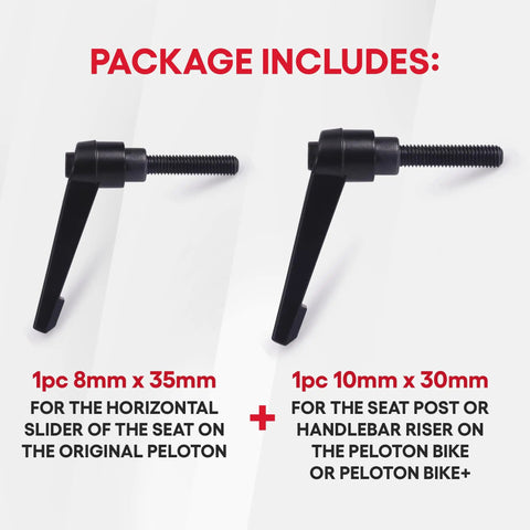 Replacement Seat And Handlebar Slide Adjustment Handles L Handle For All Peloton Bikes 2 Pack Heavy Duty Aluminum Upgrade Fits Original Peloton Bike Bike Plus And Cross Training Bike shown with size details.