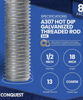 Hot Dip Galvanized Half Inch Threaded Rods, 18 Inch Long, UNC Coarse 13 TPI, 8-Pack With Nuts And Washers specifications