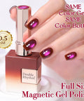Cat Eye Gel Nail Polish With Magnetic Effect, Holographic Glitter Shine, 15ml bottle next to manicured cherry burgundy nails