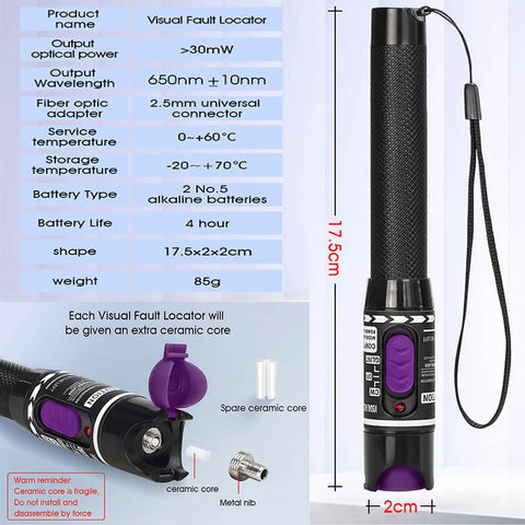 Pro Grade Visual Fault Locator With Optic Fiber Power Meter Kit compact design with dimensions and spare parts shown.