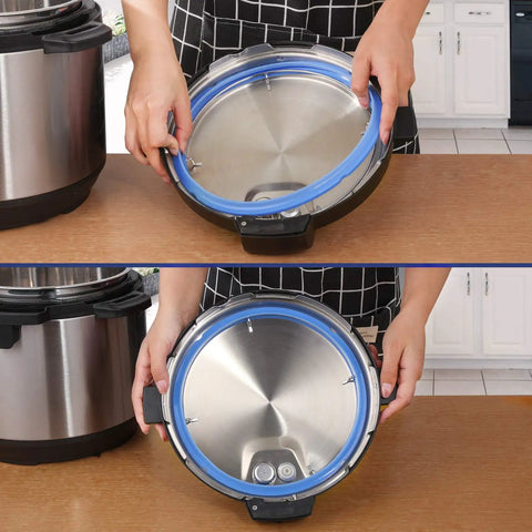 Person holding lid with blue Three Color Silicone Sealing Rings For 6 Quart Electric Pressure Cooker, BPA Free Food Grade Gaskets.