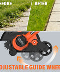 Lawn Edger With 9-Inch Cutting Width, Cordless Convenience, Three-Position Blade Depth, and Included 4.0Ah Battery and Charger, showing before and after edging results with adjustable guide wheel.