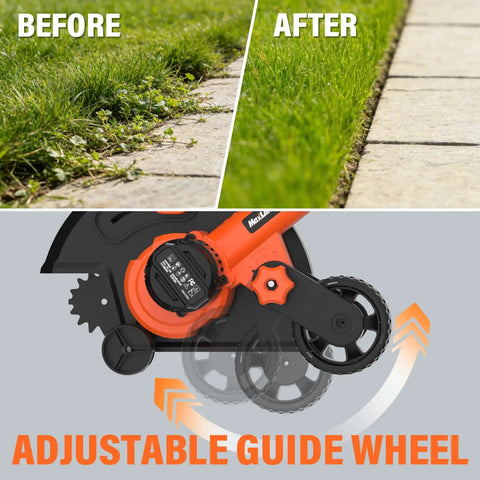 Lawn Edger With 9-Inch Cutting Width, Cordless Convenience, Three-Position Blade Depth, and Included 4.0Ah Battery and Charger, showing before and after edging results with adjustable guide wheel.