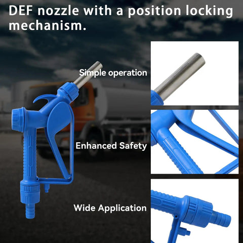 Heavy Duty Pro Rig Ready Def Transfer Pump Kit With Nozzle 10 GPM Self Priming 110 Volt Diaphragm Pump showing blue DEF nozzle with locking mechanism.
