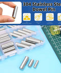 60 Piece Dowel Pin Set In 6mm 8mm And 10mm Sizes, Pro Grade Stainless Steel 304 Cylindrical Shelf Pegs For Cabinets And Furniture Installation, Includes M6 M8 And M10 Pins In 20 25 30 And 35mm Lengths, arranged in a storage box