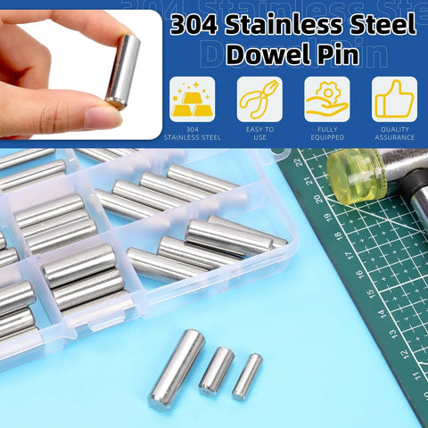 60 Piece Dowel Pin Set In 6mm 8mm And 10mm Sizes, Pro Grade Stainless Steel 304 Cylindrical Shelf Pegs For Cabinets And Furniture Installation, Includes M6 M8 And M10 Pins In 20 25 30 And 35mm Lengths, arranged in a storage box