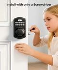 Keyless Fingerprint Door Lock With Keypad Deadbolt In Matte Black being installed by a child with a screwdriver on a door.