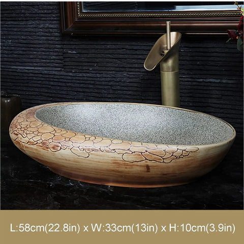Gotta Love This Vintage Hand Painted Ceramic Vessel Bathroom Sink For Countertop Vanity Big Time Easy Clean Slick Retro Wash Basin, 58x33x10cm.
