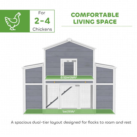 Diagram of 66.5 Inch Large Wooden Chicken Coop With 2 Nesting Boxes, Ramp, Sliding Tray And Waterproof Roof, Ideal For 2 To 4 Hens