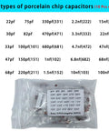Complete Electronic Component Kit With 1800 Pieces Including LEDs, Resistors, Capacitors, Ceramic Capacitors, Transistors, And Diodes For DIY Projects And Electronics Hobbyists Tinker Ready with 30 types of porcelain chip capacitors labeled with pf values and packaged.
