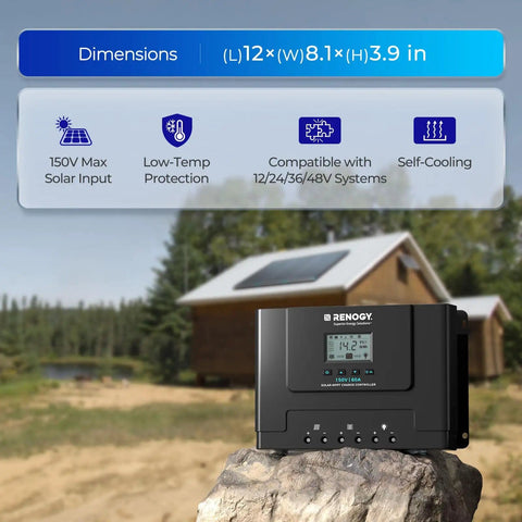 Renogy 60A MPPT Solar Charge Controller for 12V to 48V systems, in outdoor setting, showing dimensions and features