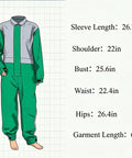 Kick Grit To The Curb With This Badass Green Blast Suit Spray Paint Protective Coveralls size measurements on grid background.