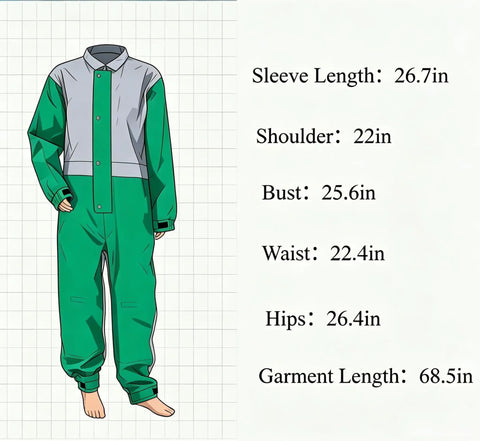 Kick Grit To The Curb With This Badass Green Blast Suit Spray Paint Protective Coveralls size measurements on grid background.