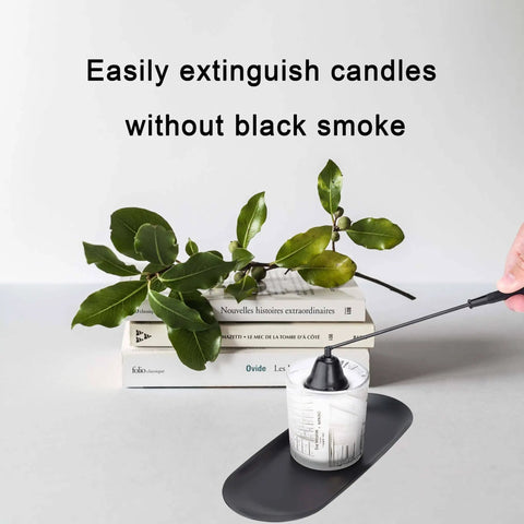 Long Reach Candle Snuffer Extinguisher Tool with Swivel Bell for Deep Jar Candles in use on a white candle, greenery in background.