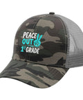 Mens Ball Cap Dope Streetwear Athletic Trucker Hat with camo pattern and "Peace Out 1st Grade" design