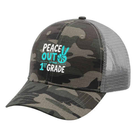 Mens Ball Cap Dope Streetwear Athletic Trucker Hat with camo pattern and "Peace Out 1st Grade" design