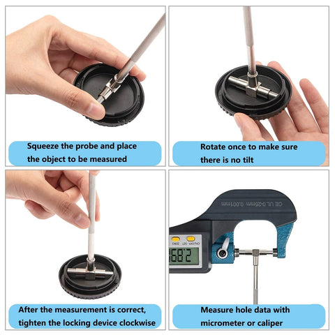 Beslands 6 Pc Telescoping Gage Set, 5/16–6 in range, with pouch, front view
Beslands bore gauge set, side view with T-bore head and knurled probe
Beslands gauge close-up, probe inserted into gauge head
Beslands gauge installed for bore measurement with digital caliper readout