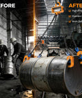 Front view of BEAMNOVA 2-ton chain drum lifter with orange clamps and blue hooks lifting a metal 55-gallon drum