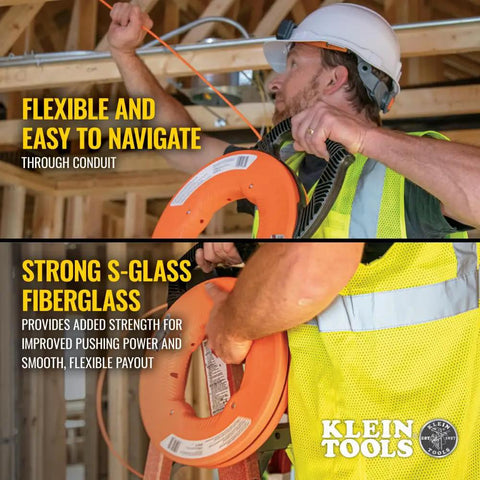 Klein Tools 56380 Non-Conductive Electrical Fish Tape With Multi-Groove Fiberglass Wire Puller in use for conduit navigation.