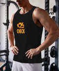 Men's Check Engine Mechanic Workout Tank Top, Black Sleeveless Gym Shirt, featuring CHECK logo, perfect for high intensity workouts.