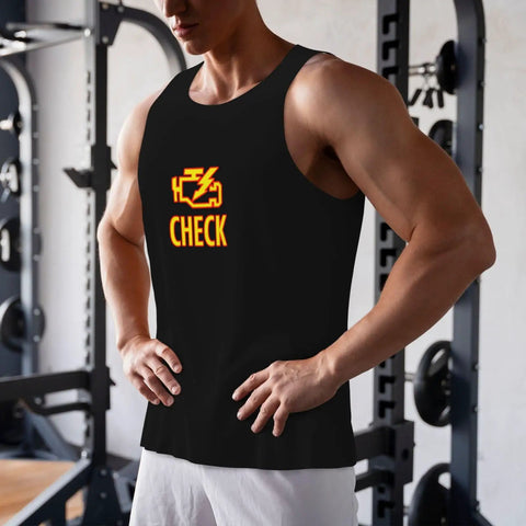 Men's Check Engine Mechanic Workout Tank Top, Black Sleeveless Gym Shirt, featuring CHECK logo, perfect for high intensity workouts.