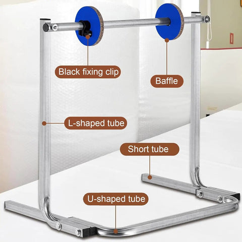 Rock Solid Heavy Duty Vertical Wrap Roll Dispenser For Foam Film Packaging Station With Foldable Cushioning Holder, displays components.