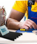 Two Piece Static Bar Rack for Circuit Boards ESD Safe Mount Tray with Strip Design Plastic Storage Stand in use on workbench