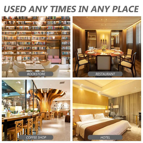 Various stylish settings showcasing a bookstore, restaurant, coffee shop, and hotel for versatile usage.