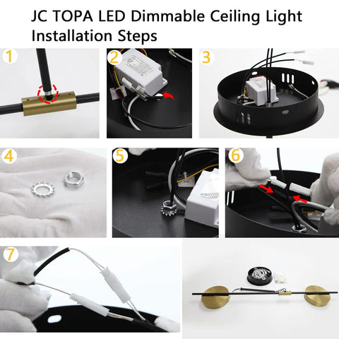 Sleek 2 Light LED Ceiling Light Fixture Semi Flush Mount installation steps showing components and assembly process.