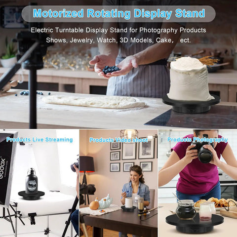 Electric Rotating Display Stand With Rechargeable Battery, Motorized Turntable For Live Streaming Video Shoot Photography, 3 In 1 size platform showcasing products during video shoot.