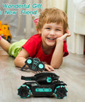 Boy playing indoors with Hand Controlled RC Tank That Shoots BBS And Water Bullets, 2.4GHz Gesture Sensor Remote Tank Toy.