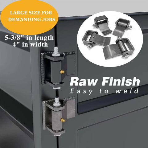 Installed weld-on trailer hinges, strap-style, 5-3/8 x 4 in, 4-pack, 2000 lb capacity, raw finish.
