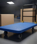 Heavy Duty Flatbed Trolley Cart With Foldable Handle Perforated Deck And Quiet 6 Inch Wheels With Brakes Black For Moving Bulk Items And Heavy Gear Safely in warehouse