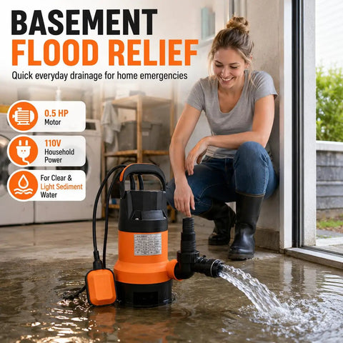 Heavy Duty 0.5HP Submersible Utility Pump With Auto Float Switch handles no sweat draining for pool pond and cellar powered by 110V motor in action.